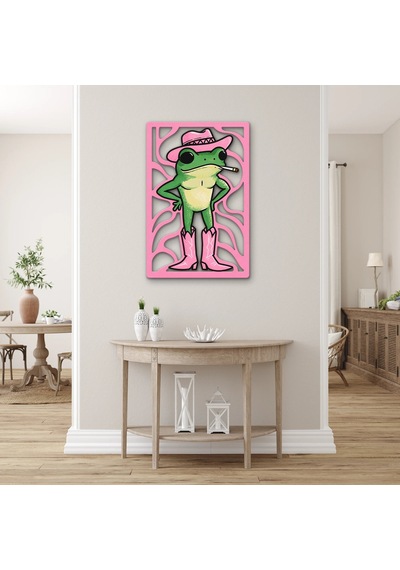 Pembe Kovboy Şapkalı Kurbağa Metal Tablo 63x95 Cm Çok Renkli