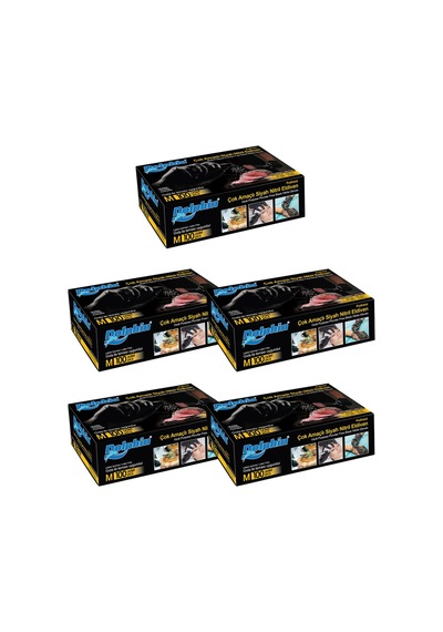 Dolphin Tek Kullanımlık Lateks Siyah Pudrasız Nitril Muayne Eldiveni Meidum Orta Boy - 100'lü 5 Paket