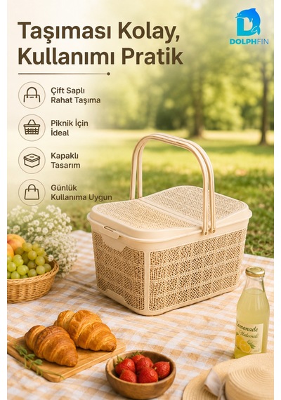 Jute Piknik Sepeti 26 L Çok Amaçlı Saklama Taşıma Sepeti Çamaşır Oyuncak Düzenleyici Bej
