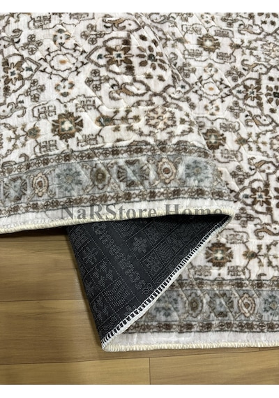 Merinos Çiçekli Otantik Krem Kahve Yeşil Kalın Kaymaz Taban Kesm Saçaklı Yeşil-krem