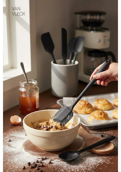 6 Lı Silikon Mutfak Seti Kaşık , Spatula , Fırça Ve Sıyırma Spatulası Isıya Dayanıklı Siyah