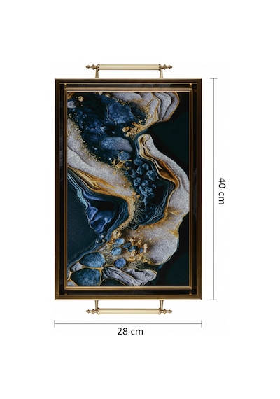 Mermer Desenli 40x28cm Metal Kulplu Lüks Sunum Ve Servis Tepsisi