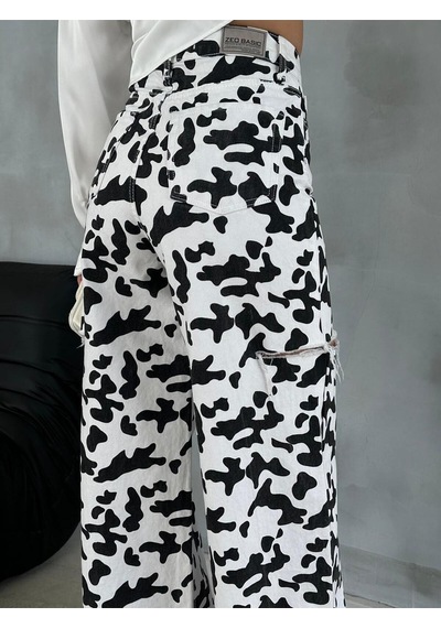 Zeo Basic Baggy Pantolon Beyaz&siyah İnek Desenli Yanlardan Lazerli Beyaz