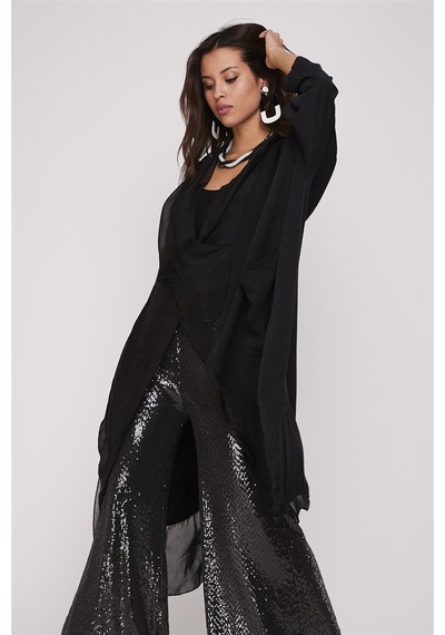 Bohem Stil Italyan Ipek Detaylı Oversize Kaftan & Bluz-8711 Siyah
