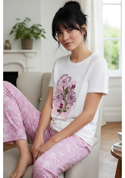 Siyah İnci Ekru Desenli Pamuklu Bisiklet Yaka Örme Pijama Takım