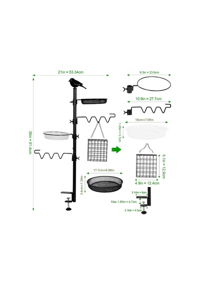 Asılı Kuş Yemi Dispenseri Ve Kuş Suluğu 92 Cm Yüksekliğinde, 2'si 1 Arada Metal Balkon Askısı, Kuş Suluğu