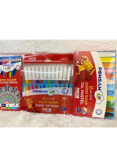 Kidz İlkokul 12'li Keçeli Boya + 12'li Kuru Boya + 12'li Pastel Boya Ergonomik Üçlü Boya Seti