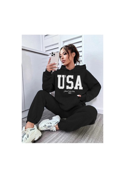 Tarzsokak Siyah Usa Dijital Baskılı Kışlık Unisex Eşofman Takımı