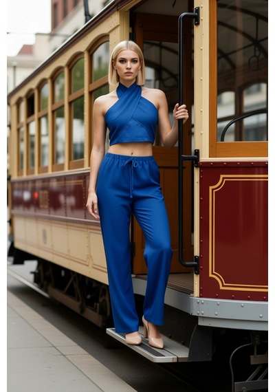 Benerly Kadın Alt Üst Keten Görünümlü Dokuma Crop Bluz Geniş Paça Pantolo Indigo