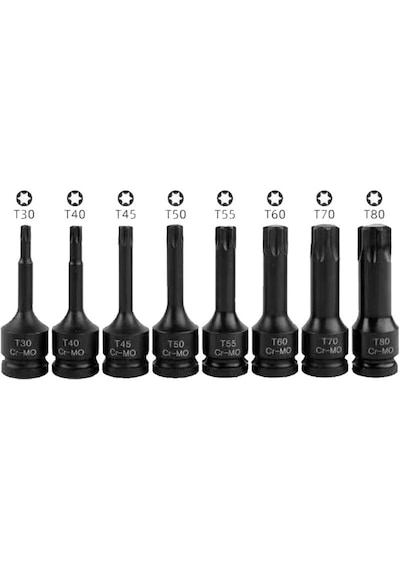 8 Parça 1/2 Havalı Darbeli Torx Lokma Seti T30-t40-t45-t50-t55-t