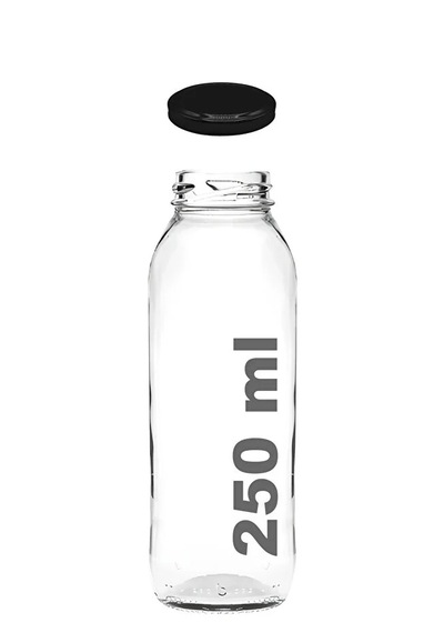 1 Adet 250 Ml Beslenme Şeffaf Meyve Suyu, Meşrubat, Limonata Şişesi Metal Kapaklı 250 Cc Şişe Siyah