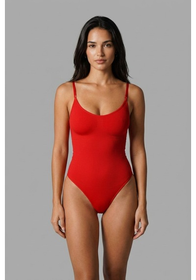 Kadın Kapsız Cırt Cırtlı Düz Desen Kırmızı Body