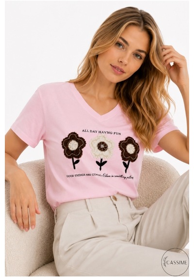 Cassime Kadın Pembe %100 Pamuk Regular/normal Kalıp Çiçek Nakışlı Örme T-shirt