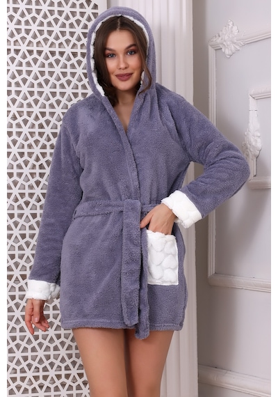 Wordex Fawn 3309 Welsoft Polar Peluş Kadın Kapşonlu Yumoş Sabahlık Gri