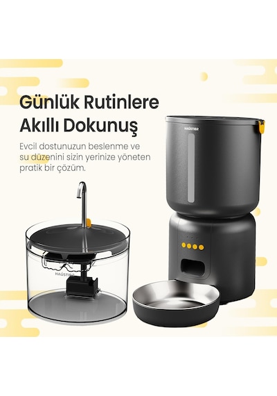 Haustier Fw3 Siyah Otomatik App Kontrollü Akıllı Kedi Mama Kabı &amp Otomatik Kedi Su Pınarı 2'li Set - Akıllı