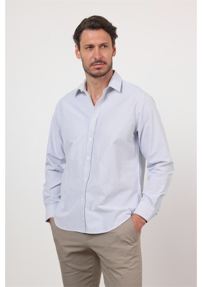 İmza Beyaz - Lacivert Sert Yaka Uzun Kol Cepsiz Slim Fit Pamuklu Gömlek 1004260214