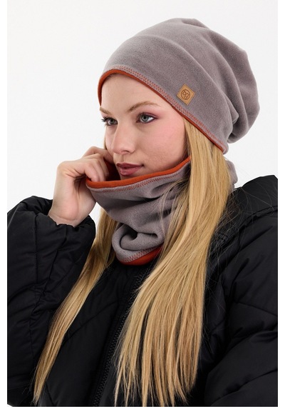 Butikgiz Kadın Dış Kısım Polar, İç Kısım Kaşkorse Pamuklu, Çift Renk, Çift Kat, Katlanabilir Bere Boyunluk Set Gri-kiremit