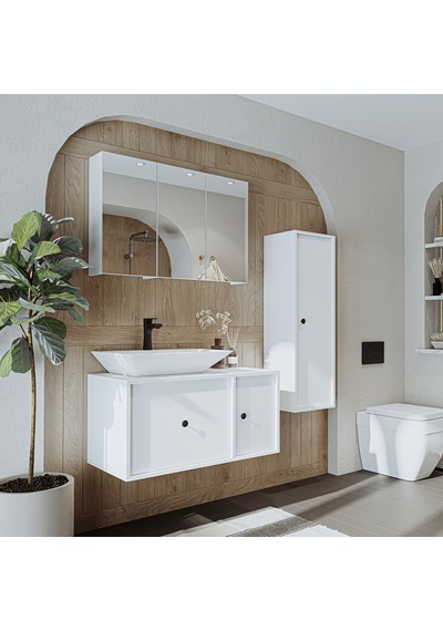 Lavabolu Mat Mdf 90 Cm Çekmeceli Dolabı + Aynalı Dolabı Beyaz Mat Beyaz