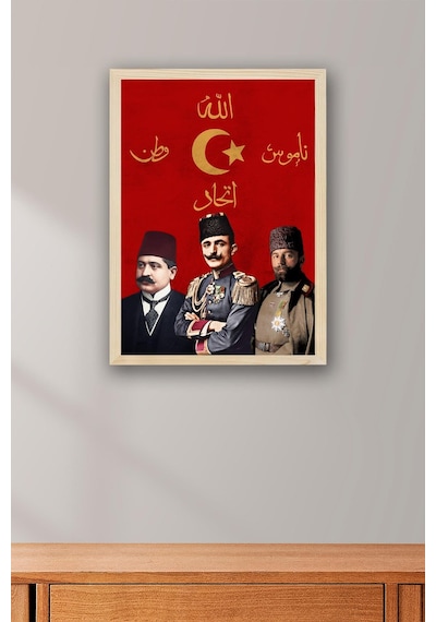 İttihat Terakki Paşaları Çerçeveli Tablo - Enver Cemal Talat Paşalar - İttihat Terakki Sancağı