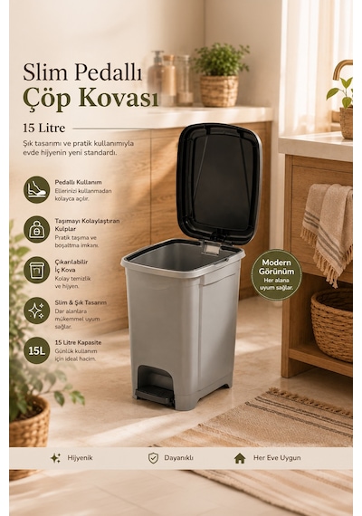 Porsima 0123 Pedallı Metalize Banyo Mutfak Çöp Kovası Siyah Kapaklı Slim Pedallı Çöp Kovası 15 Litre Siyah