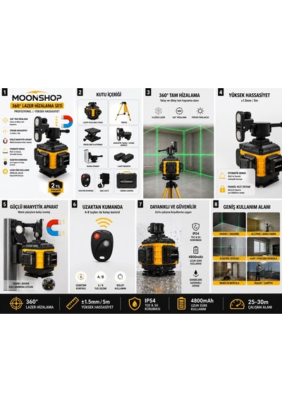 Moonshop 360 Yeşil Lazer Hizalama Seti Şarjlı 16 Çizgili Tripodlu Profesyonel Lazer Terazi