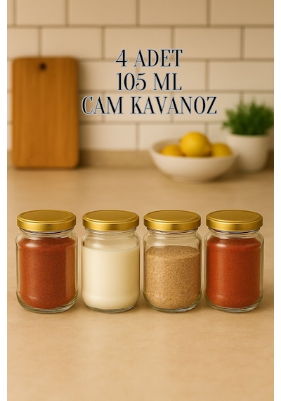 4 Adet 105 Ml Baharatlık Mama Şekerleme Çok Amaçlı Metal Kapaklı 105 Cc Kısa Cam Kavanoz Gold