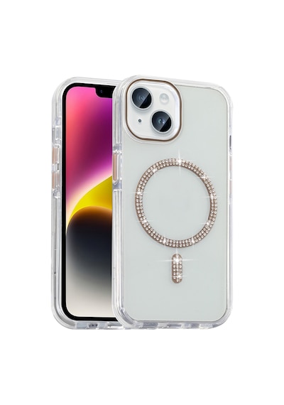 Apple Uyumlu iPhone 13 Kılıf Taşlı Tasarım M-safe Şarj Özellikli Mkst Koment Silikon Kapak - Gold Altın