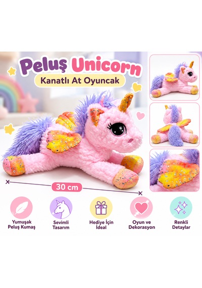 Halley Oyuncak Pembe Kanatlı Peluş Unicorn At Oyuncak 02 - Çok Renkli