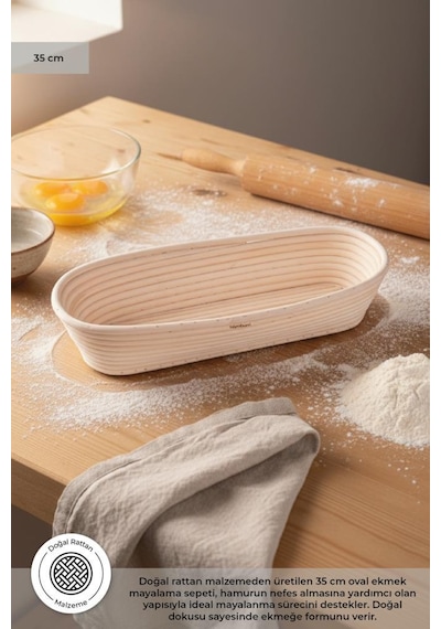 Bambum Puder - Ekmek Mayalama Sepeti Oval 35 Cm Ahşap
