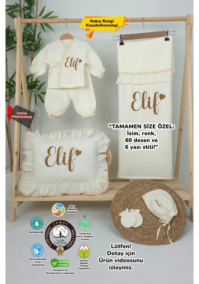 Gros Shop Müslin Yeni Doğan 4katlı Organik %100pamuk Kişiye Özgü Nakışlı Hastane Çıkış Seti Kalpli Model-8 Ekru