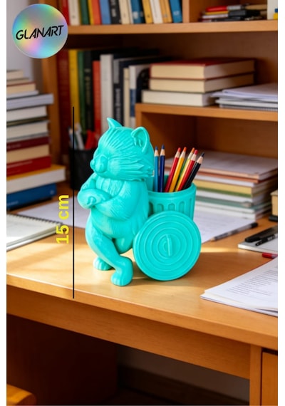 3 Boyutlu Kedi Figürlü Masa Üstü Kalemlik 3d Filament 1 Adet A.yeşil