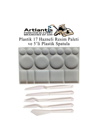 Plastik Masa Üstü 17 Hazneli Resim Paleti 5 Li Plastik Spatula Ve Resim Fırçası 1 Paket Ressam Sanatsal Palet Bıçağı