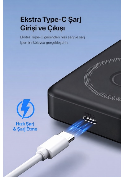 22.5w Hızlı Şarj 10.000 Mah Kablosuz Powerbank Dahili Kablolu Taşınabilir Şarj Cihazı Magsafe Uyumlu Siyah