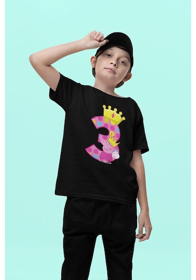 Sevbano Peppa Pig 3 Yaş Baskılı Unisex Çizgi Film Çocuk Tişört 1-12 Yaş Siyah