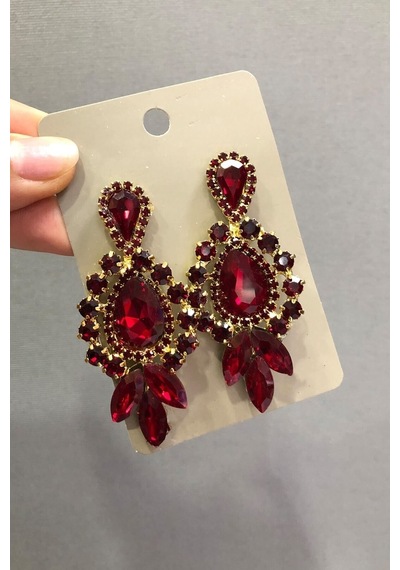 Fdayaksesuar Kırmızı Kristal Taşlı Altın Sarısı 3 Taş Oval Küpe Frdy183 Çok Renkli