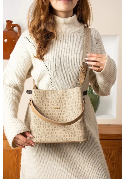Just Polo Kadın Monogram Baskılı El Ve Omuz Çantası Ebat 25 X 25 VİZON