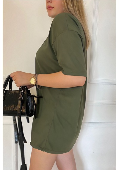 Flood Of Style Kadın Oversize Dökümlü Tok Kumaş Kısa Kollu Tişört Haki