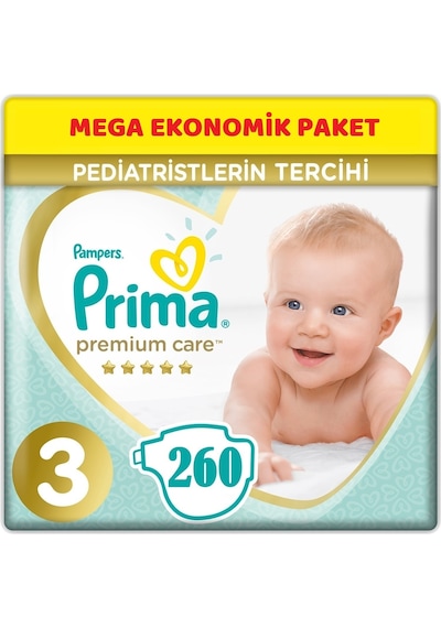 Prima Premium Care Bebek Bezi 3 Numara Midi (6-10Kg) Midi 260 Adet Mega