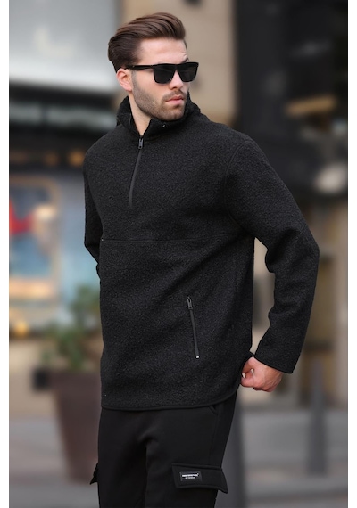 Madmext Siyah Dik Yaka Yarım Fermuarlı Buklet Sweatshirt 7084 Siyah