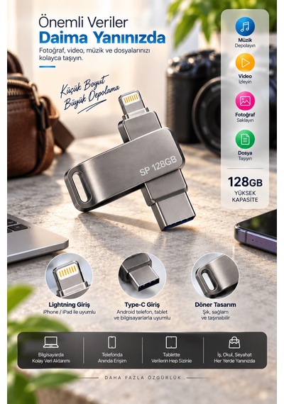 Shnstore Lightning Type C Destekli 128gb Taşınabilir Usb Flash Bellek Fotoğraf Video Ve Dosya Aktarımı Shntknd0720