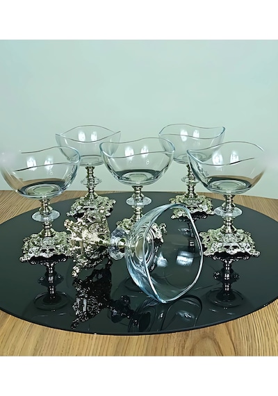 Assa Bazaar 6 Lı Metal Ayaklı Gümüş Detaylı Magnolia Kase Seti Dondurmalık Şekerlik Sunumluk Gri