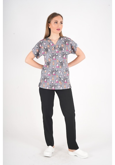 Unisex Pandex Desenli Doktor Hemşire Hastane Aşçı Mutfak Scrubs Üniforma Takım Gri - Siyah