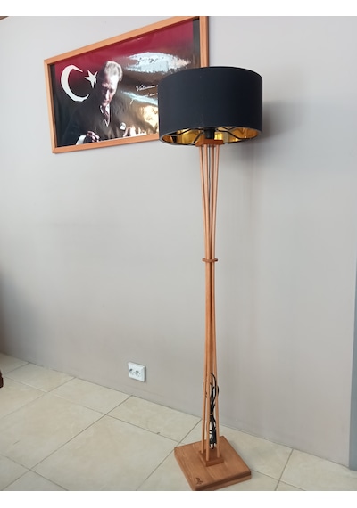 Siyah Gold Başlıklı Açık Meşe Ahşap Lambader Gold Siyah