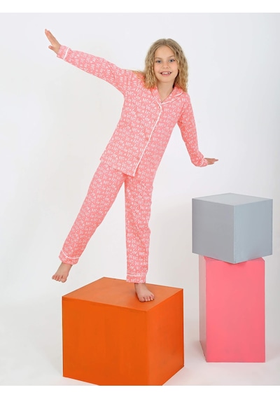Düğmeli Kız Uzun Kollu 'hoho' Model Pijama Takımı Pembe