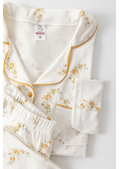 Nisanca Uzun Kol Gömlek Yaka Kadın Pinterest Pijama Takımı - Mevsimlik Kadın Pijama- Geniş Beden Aralığı Hardal