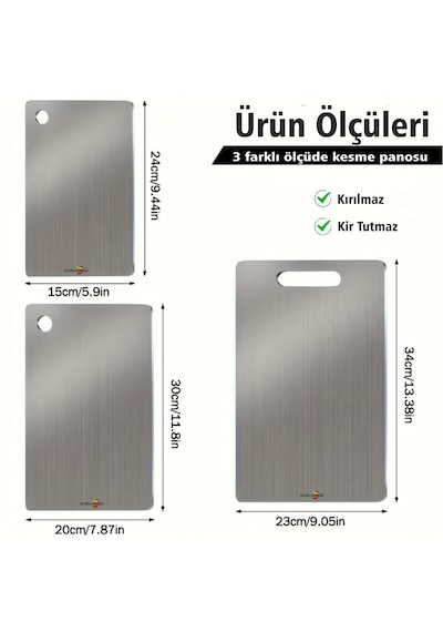 3lü Üçlü 0,3 Mm Paslanmaz Çelik Krom Meyve Sebze Hamur Kesme Doğrama Yoğurma Panosu Tahtası Tezgahı Gümüş
