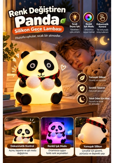Renkli Işık Modlu Silikon Panda Gece Lambası Dokunmatik Kontrollü Sevimli Dekoratif Diğer