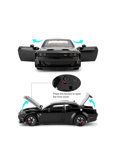 Dodge Challenger Srt 1:24 Diecast Metal Araba Koleksiyon Sesli Işıklı Siyah
