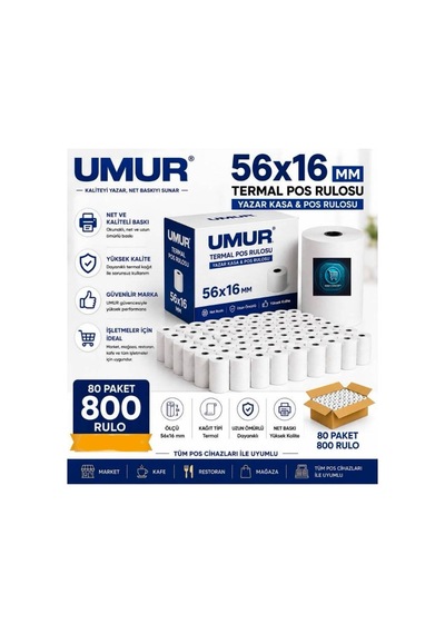 56x16 Yazarkasa Termal Pos Rulosu Net Baskı Yüksek Kalite Pos Cihazlarına Uyumlu 80 Paket 800 Adet