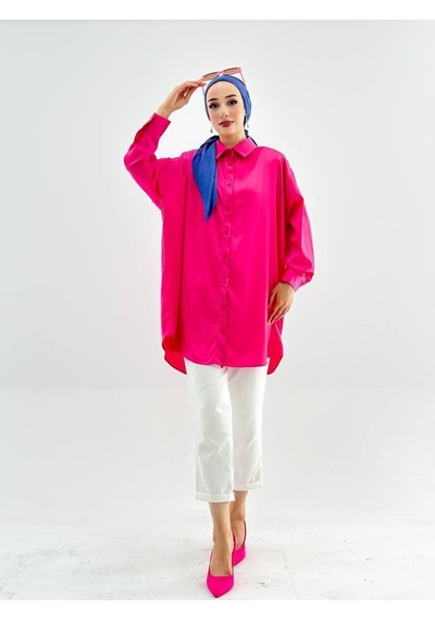 Vioshine Vıoshıne Kadın Oversize Saten Gömlek-fuşya Fuşya